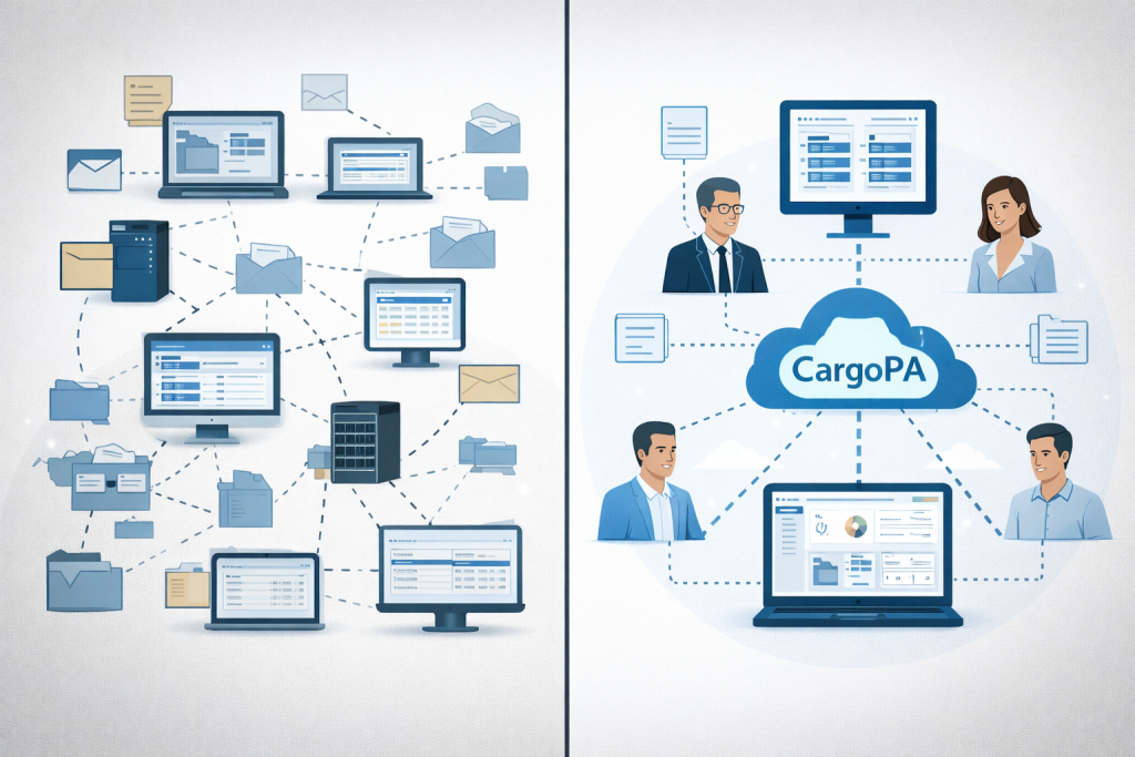 a sinistra file sparsi, PC isolati, email, cartelle, a destra un’unica piattaforma centrale CARGOPA con accessi ordinati.
